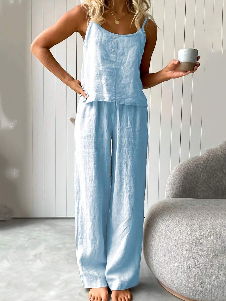 Conjunto de dos piezas de pantalones y camisola sin mangas, ropa exterior holgada y a la moda, estilo femenino y elegante.