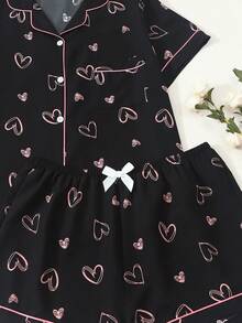 Heart Print Plus Size Women Bubble Crinkle Short Sleeve Shorts Pajama Set - Black - View 6