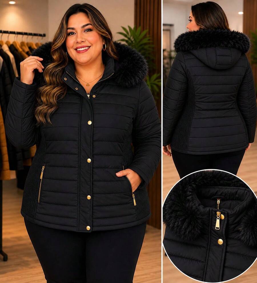 Women's Lined Plus Size Jacket - 黑色 - 查看 1