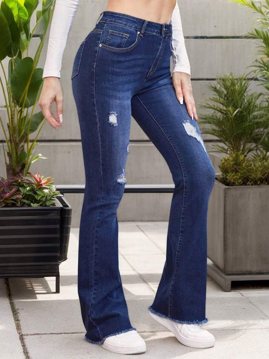 Pantalones vaqueros de mujer Skinny con elástico y rasgados, pantalones acampanados de cintura alta azules, leggings de mujer, jeggings acampanados, leggings acampanados para mujeres altas - Azul - Ver 1