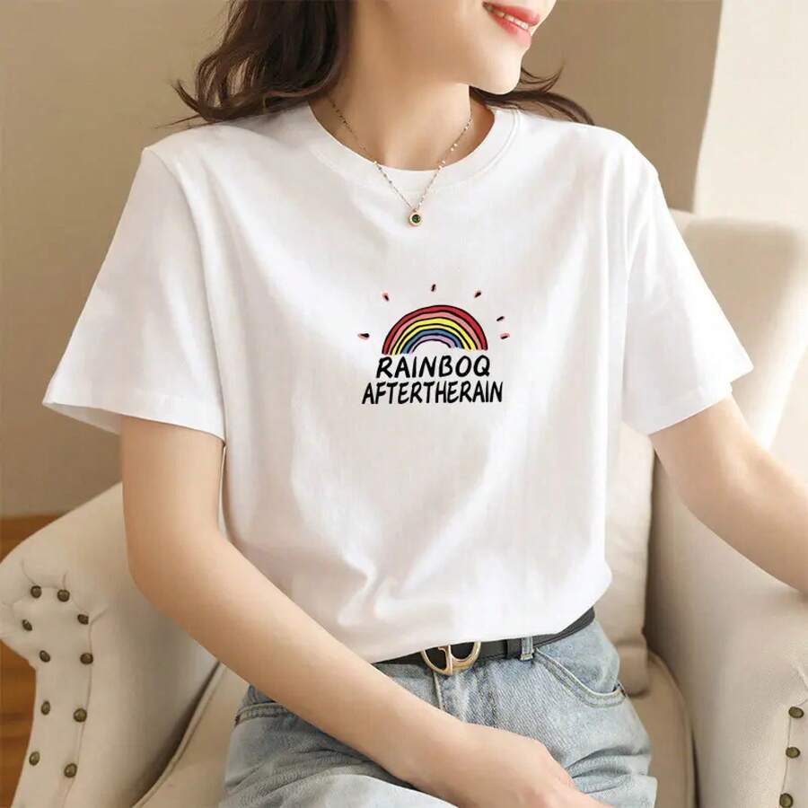 Loose Fit T-Shirt With Anime Cartoon Print - Rainbow - View 1