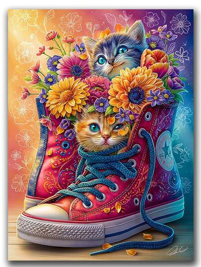 Cute Cat Shoe Sunflower Diy Diamond Painting Kit -Diamond Art Mosaic Craft Cozy Healing Artwork Design Animal, Immersive Handmade Stress Relief, Home Decor Art DIY Craft Lover's Holiday Surprise Gift
