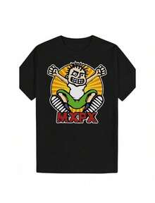 Casual Graphic T-Shirt - Cartoon Character With Radiating Yellow Orange Stripes MXPX Print Round Neck Short Sleeve - 後3 - 查看 1