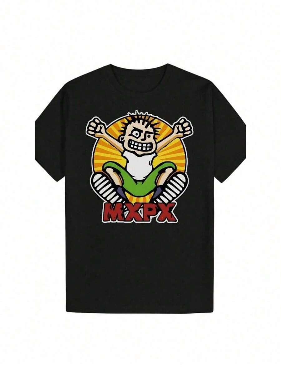 Casual Graphic T-Shirt - Cartoon Character With Radiating Yellow Orange Stripes MXPX Print Round Neck Short Sleeve - 後3 - 查看 1