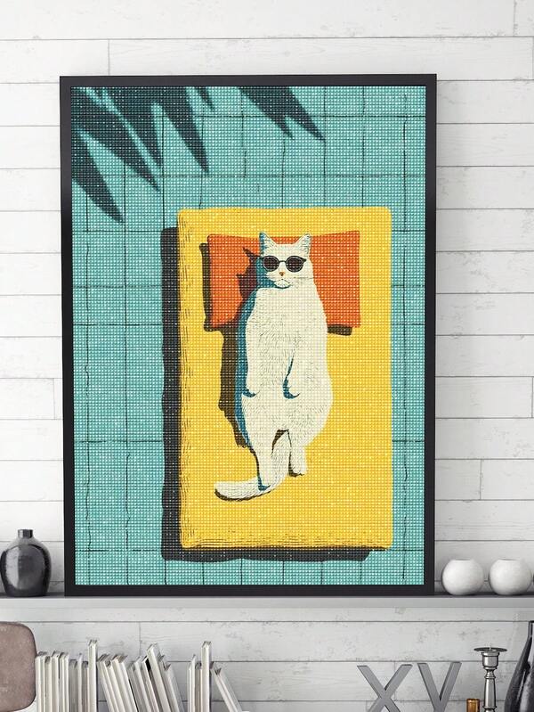 |Tranh đính đá 5D DIY|Bộ tranh đính đá mèo trắng đeo kính râm ngầu, nghệ thuật Pop Art cổ điển, mèo thư giãn nằm trên thảm với bóng lá cọ làm nền.Tranh đính đá thư giãn, tranh đính đá cho người lớn, tự làm tranh treo tường DIY, tận hưởng niềm vui làm thủ công