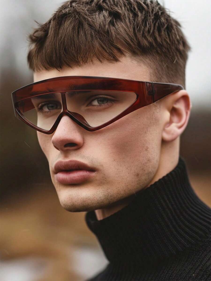1 Pair Men's Tea-Colored Asymmetrical Frame One-Piece Futuristic Tech-Style Fashion Glasses - Brown - View 1