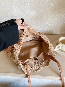 Dedoo Women's Handmade Woven Granny Square Colorblock Large Capacity Tote Bag - Khaki - View 9