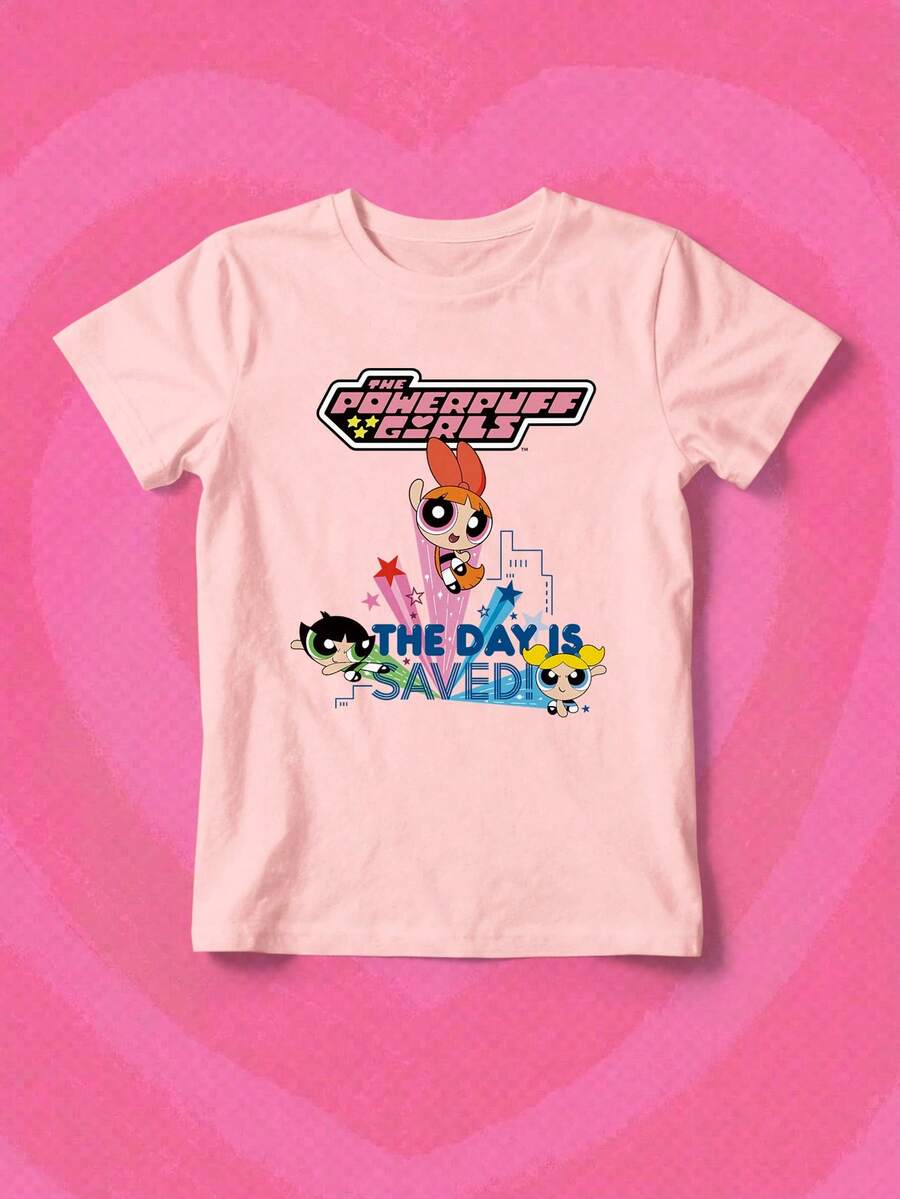 SHEIN X Powerpuff Girls 女款柔粉圓領上衣 - 舒適可愛休閒風,適合夏季日常穿著 - 嫩粉 - 查看 1