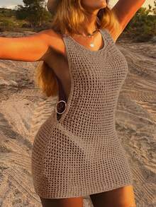 Plus Size Women's Summer Bohemian Sexy Hollow Out Casual Sheer Sleeveless Fitted Backless Design Coverup Dress, Khaki Vacation Beach - Khaki - View 2