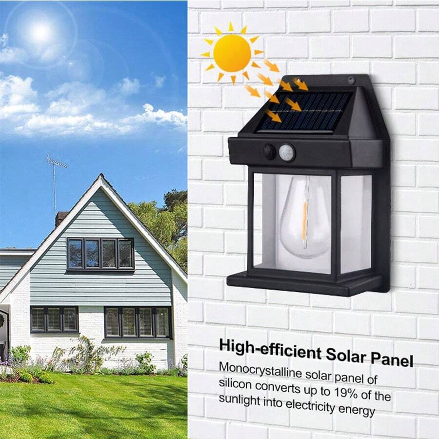 1pc Outdoor Solar Tungsten Filament Wall Light With Motion Sensor LED Security Light, Suitable For Patio Outdoor Garden Deck Porch Garage Holiday Atmosphere - Black - View 1