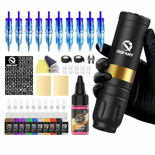 DQFART Complete Tattoo Starter Kit Tattoo Gun, Includes Full Set Of Accessories, Including Practice Skin, Ink, Needles, Suitable For Home DIY Tattoo Art