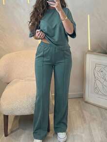 Vaiaye 女款夏季綠色運動兩件套，短袖上衣與寬腿運動長褲，適用健身房、街頭穿搭、海灘與度假 - 墨綠色 - 查看 1