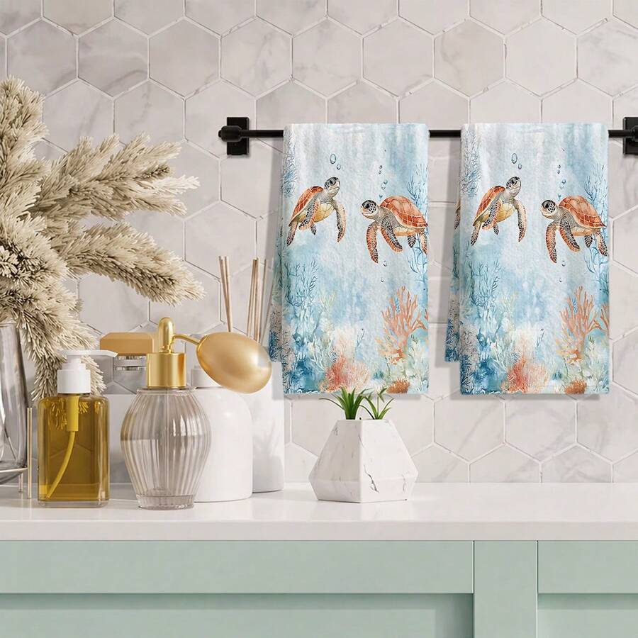 1pc/2pcs/4pcs Ocean Watercolor Kitchen Towels, Soft, Absorbent & Quick-Drying, Machine Washable, Multipurpose For Daily Hand Wiping & Home Decoration - Multicolor - View 1