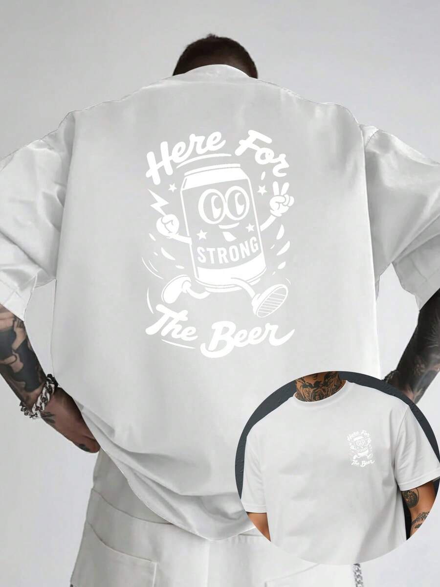 Nacida para la cerveza, nueva camiseta de cuello redondo para hombre con estampado de lata de cerveza en ambos lados, estilo casual, deportivo, moderno y holgado, de manga corta para estudia - Blanco - Ver 1