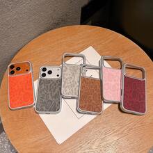 1pc Silver Frame Leopard Print Large Hole Phone Case Compatible With Apple 17 Pro/17/16/15/14 Anti-Drop - Orange - View 5