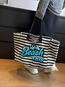 Beach Letter Print Black & White Striped Tote Bag 2pcs Set, Large Capacity Canvas Handbag + Matching Cosmetic Pouch, Waterproof & Stain-Resistant, Fits Swimsuit & Towel, Suitable For Daily Commute, Shopping, Students, Office Workers, Outdoor Picnic, Pool & Beach Vacation, Practical High-Value Summer Gift For Girlfriend & Bestie, Can Be Used As Beach Bag, Handbag, Pool Bag And Travel Organizer - Multicolor - View 5