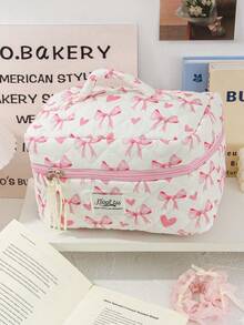 Tas Kosmetik Quilted Motif Pita dan Hati Warna Pink, Tersedia 3 Ukuran, Tas Kosmetik Genggam Portabel, Organizer Perlengkapan Mandi Perjalanan Kapasitas Besar - MultiWarna - View 10