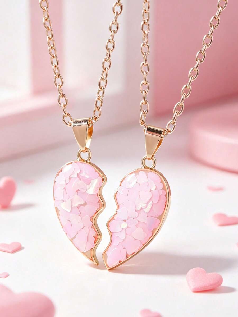 2piezas/Set Collar con Colgante de Corazón Empalmado para Mejores Amigos, Collar con Colgante de Amistad Eterna para la Escuela, Accesorios de Joyería para Fiestas de BFFs&Parejas, Regalo - Unitalla - Ver 1