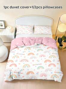 2/3PCS Vỏ chăn in cầu vồng trắng+1/2 vỏ gối đồng bộ, bộ chăn ga gối trẻ em phong cách Kawaii Hàn Quốc bằng polyester có khóa kéo, mềm mại và có thể giặt được, phù hợp cho phòng ngủ trẻ em và quà tặng sinh nhật, phù hợp cho tất cả các mùa - Nhiều màu - Xem 1