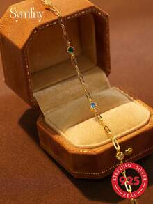 1 Peça Pulseira de Prata 925 Com 5 Zircônias Cúbicas Coloridas Para Férias - Ouro amarelo - Visão 2