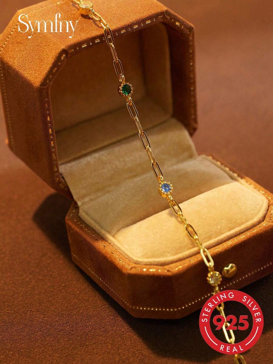 1 Peça Pulseira de Prata 925 Com 5 Zircônias Cúbicas Coloridas Para Férias