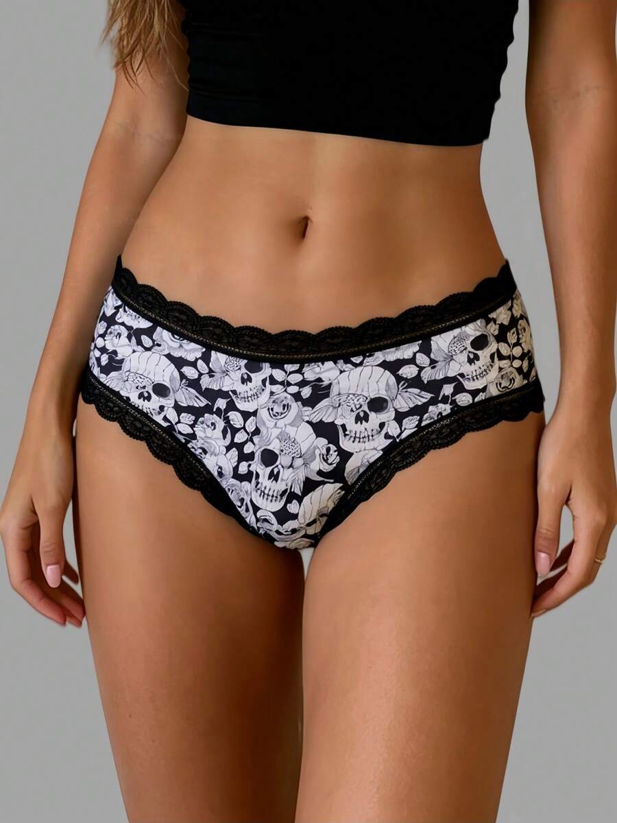Dircho 1pc Gothic Skull Rose Pattern Low Waist Women's Panties, Gothic Style Loungewear And Casual Avant-Garde Outfit - Multicolor - View 1