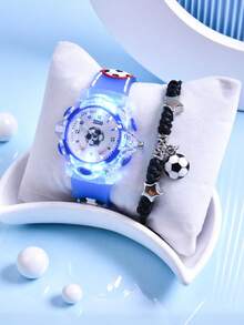 2pcs Boys Gift Set Silicone Strap Soccer Sports Watch Creative Design LED Luminous Student Quartz Wristwatch Adjustable Braided Rope Soccer Bracelet - Blue - View 3