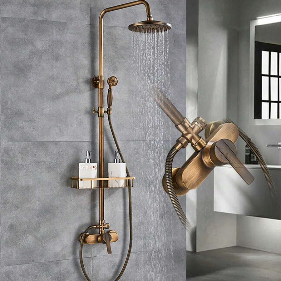 Antik Retro Duschsystem Duscharmatur Duschset Duschgarnitur Regendusche Handbrau - Gold - Übersicht 1