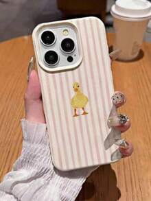 1個創意小鴨粉色條紋可愛圖案霧面荔枝紋理全覆蓋鏡頭保護TPU時尚手機殼，適用於Apple 11 12 13 14 15 16 17 Pro Max A56/55/54/53/52/51 S25/24/23/22/21系列防震保護套 - 彩色 - 查看 3