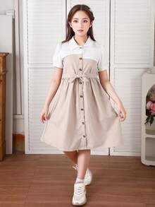 8-12 Years Old Girls Fashion Casual Dress, Contrast Color Collared Patchwork Dress, Ladylike Style, Suitable For Casual Vacation, Great Gift For Girls - White - View 5