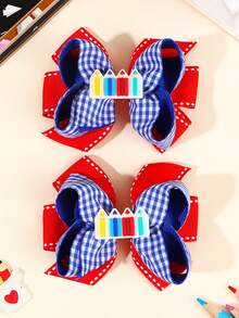 2pcs Blue Red Back To School Hair Bows,Pencil Bow Hair Clips,Elegant Ribbon Plaid Hairpins, Cute Y2k Hair Accessories For Girls Students School Party - Multicolor - View 2