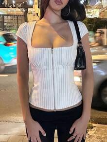 Women's Casual Fashion Daily Wear Striped Print Double Zipper Square Neck Short Sleeve T-Shirt Top, Suitable For Spring And Summer - White - View 7
