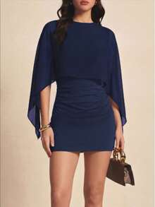 Vestido casual de unicolor con manga murciélago, patchwork, ligero, 2 en 1/deconstruido, para noche, cita, vacaciones, fiesta de cumpleaños - azul real - Ver 1