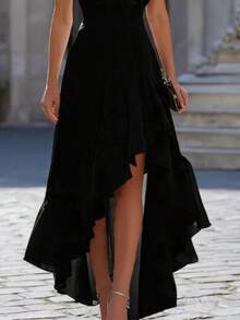 Women's Halter Ruched High Low Satin Midi Dress, Ruffled Irregular Hem Formal Dress For Cocktail Party, Wedding Guest & Evening Occasions - 黑色 - 查看 3