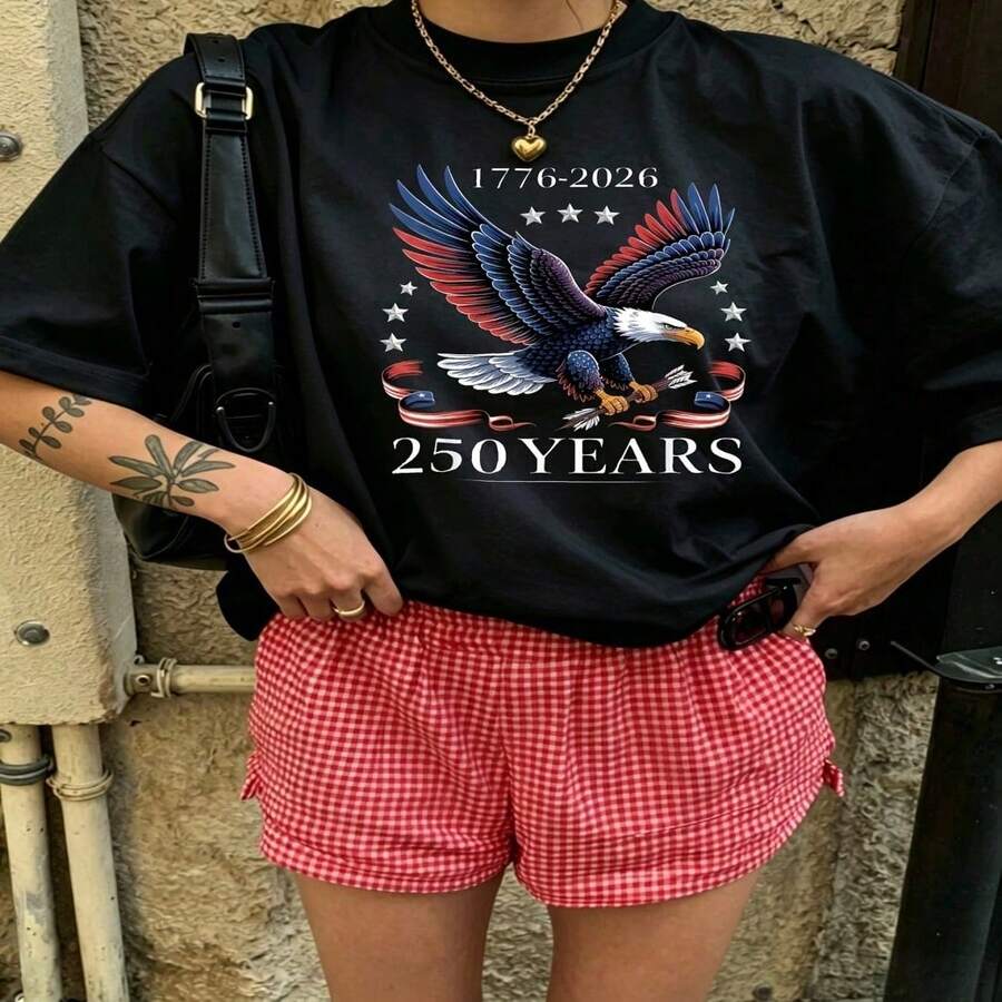 Heartfelt Daily Casual Graphic T-Shirt 100% Cotton Oversized Soft Breathable Casual Crewneck Short Sleeve Top Aesthetic Vintage Red White Checkered Shorts Street Style Basic Casual We - 黑色 - 查看 1