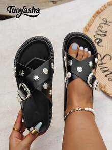 Sepatu Wanita Modis Warna Polos dengan Potongan Lebar, Sandal Gaya Punk dengan Gesper Paku Keling Logam, Sandal Selop Platform dengan Tali Silang Paku Keling Logam, Sandal Kasual Musim Panas - Hitam - View 7