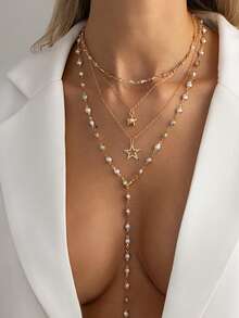 Fashionable Pearl-Like Fringed Collar Chain. Creative Hollowed-Out Five-Point Star Y-Shaped Layered Collar Chain. - Necklace Set - View 10