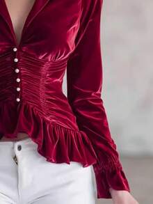 Women's Elegant Vintage Lapel Lantern Sleeve Pleated Ruffle Asymmetrical Fitted Velvet Open Front Top, Solid Color, Casual & Date, Autumn/Winter - Red - View 3