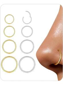 Unisex Hypoallergenic Nose Ring Set: Exquisite 8-Piece Set, Includes 18G Gold/Silver 316L Stainless Steel Nose Rings And Hinged Septum Rings; Suitable For Various Body Piercing Jewelry, Sizes Range From 6 To 12mm, Ideal Holiday Gift. - Gold + Silver - View 8