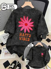 大尺碼女款復古水洗雪花T恤，「Happy Vibes」雙面印花，休閒圓領短袖，夏季上衣，T恤。黑色 - 黑色 - 查看 1