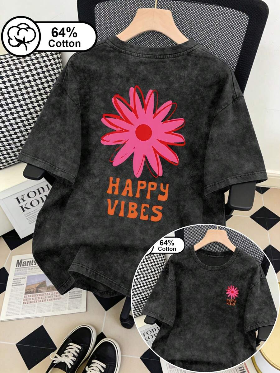 大尺碼女款復古水洗雪花T恤,「Happy Vibes」雙面印花,休閒圓領短袖,夏季上衣,T恤。黑色 - 黑色 - 查看 1