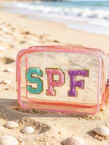 防水透明 SPF 防曬化妝包，防水拉鍊化妝包，便攜旅行 SPF 絨面貼片小化妝包，EVA 塑料防曬收納盒，適用於度假、浴室、夏季海灘、游泳和旅行。返校、度假、教師節禮物 - 彩色 - 查看 1