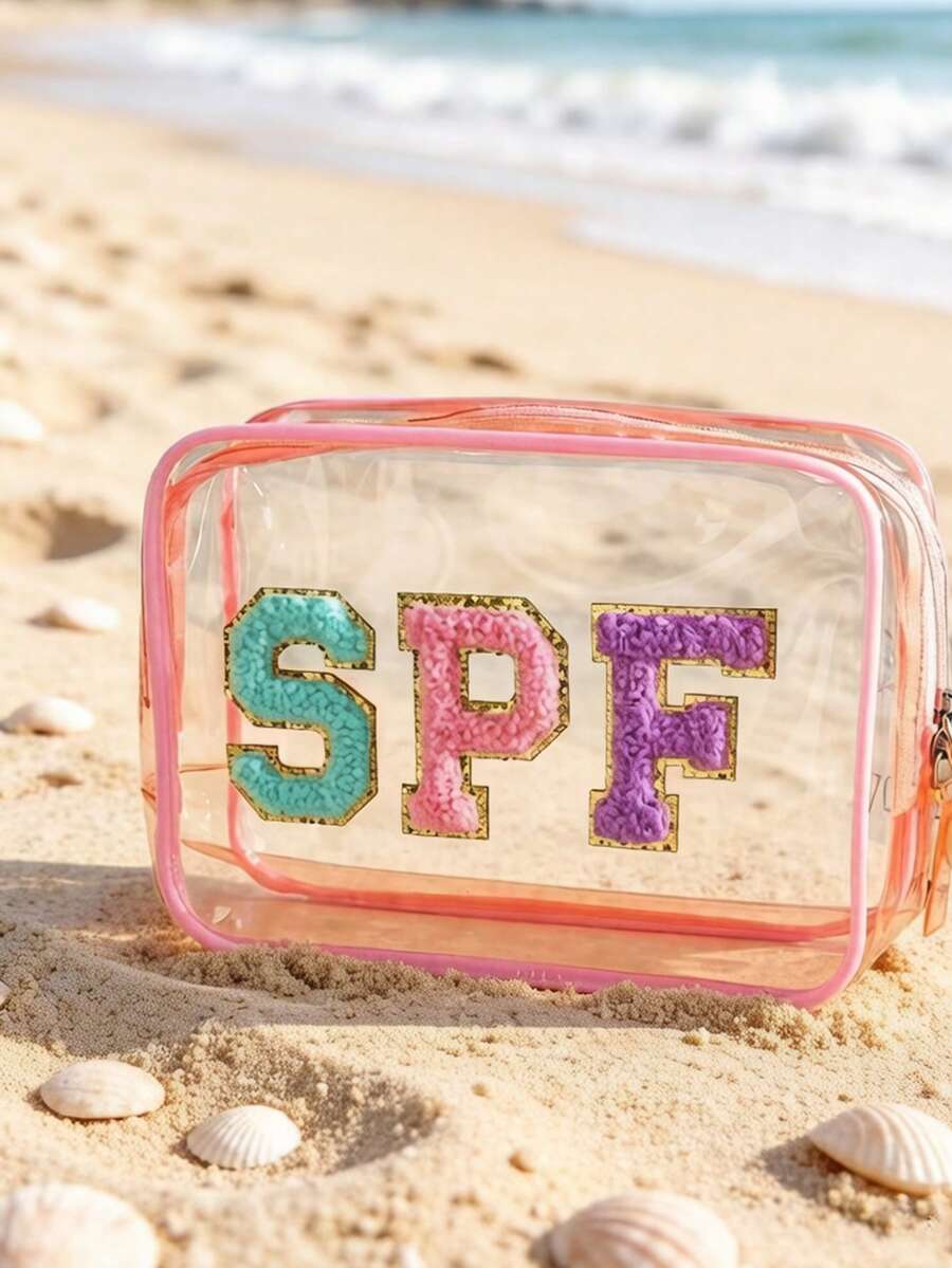 防水透明 SPF 防曬化妝包,防水拉鍊化妝包,便攜旅行 SPF 絨面貼片小化妝包,EVA 塑料防曬收納盒,適用於度假、浴室、夏季海灘、游泳和旅行。返校、度假、教師節禮物 - 彩色 - 查看 1