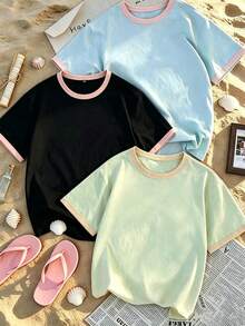 Camiseta de manga corta tipo pullover de 3 piezas con unicolor y patchwork de color de contraste para niña preadolescente, ropa infantil juvenil para estudiantes, top de verano, capa base de otoño/invierno, estilo casual de calle Ins para vacaciones, aeropuerto, desayuno, escuela y uso diario, versátil para combinar - Multicolor - Ver 2