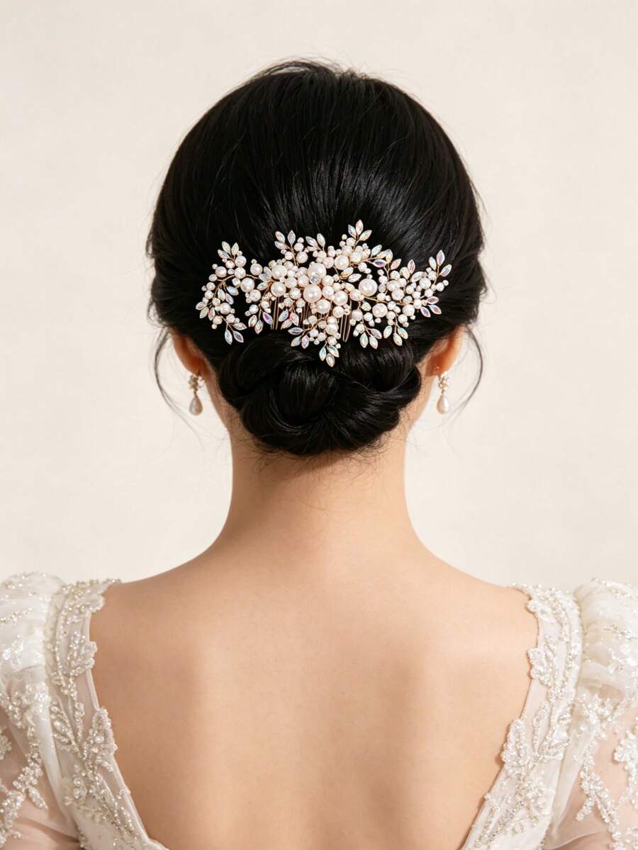 1 buah Sisir Rambut Bunga Daun Mutiara Berlian Imitasi Elegan Bergaya Vintage, Aksesori Pernikahan Pengantin, Hiasan Kepala Penata Rambut Sanggul Gaun Pengantin, Sisir Samping - MultiWarna - View 1