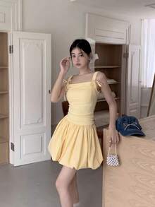 New Summer Collection: Women's Camisole Dress With Ribbon Straps, Shirred Waist, And Balloon Skirt - Yellow - Sweet Style, Perfect For Dates, Casual Wear, And Shopping - Yellow - View 3
