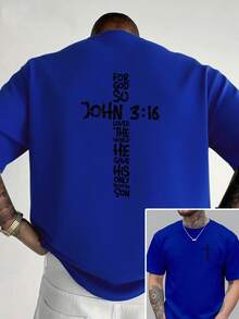 Gospel Of John 3:16, New Men's Crew Neck T-Shirt With Cross Print On Both Sides, Casual, Sporty, Modern And Loose Style, Short Sleeve T-Shirt For Students - 黑色 - 查看 7