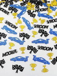 100pcs/Set Blue Racing Theme Glitter Confetti, Vroom Racing Checkered Flag Trophy Table Scatter Confetti, Boys Birthday Party Decoration, Racing Party Supplies - Blue Black - View 7