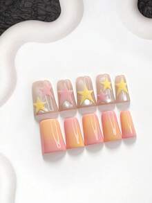 10片甜美風手工穿戴甲，Polygel美甲套組，星星圖案，黃色與粉色指甲油，柔美風格，附美甲工具，3種尺寸可選，杏仁形、鴨嘴形、棺材形，適合派對、舞蹈、日常配戴 - 彩色 - 查看 17