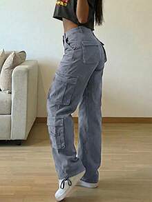 NVFelix Women's Long Slight Stretch Cargo Pants Multi Pockets Button & Zipper Fly Elegant Casual Trousers For Fall Winter Vacation Party Grey - Grey - View 3